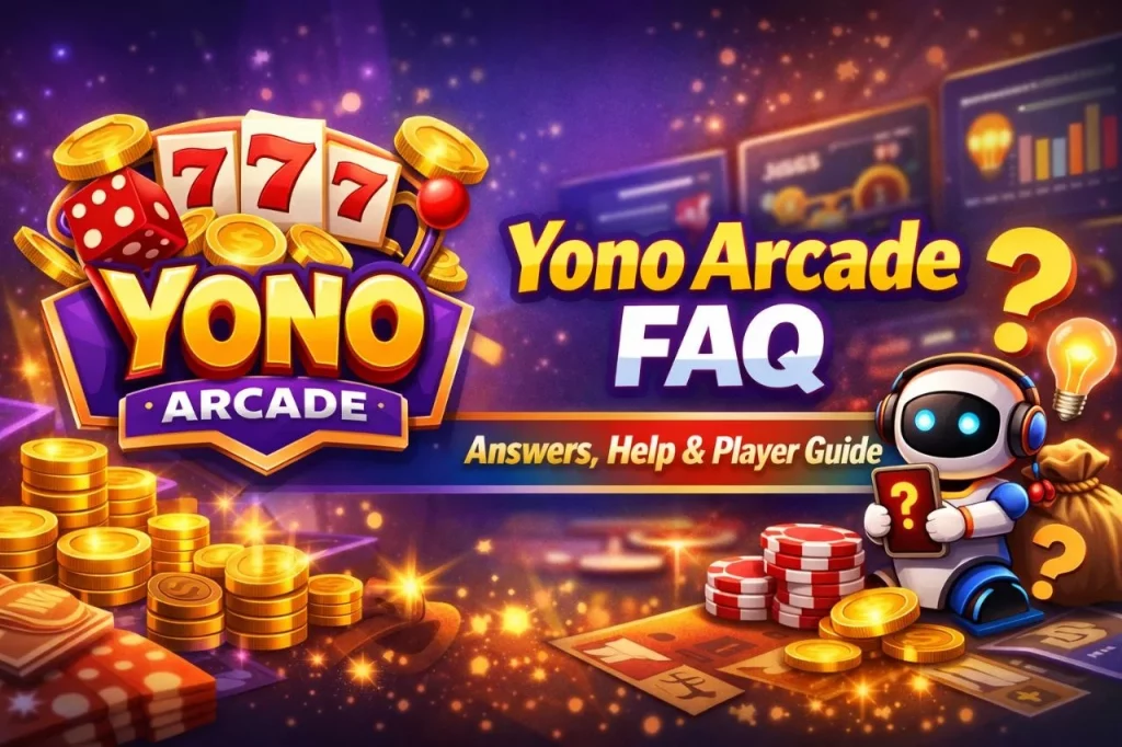Yono Arcade FAQ banner with casino elements, coins, slots, and help guide text for Indian players
