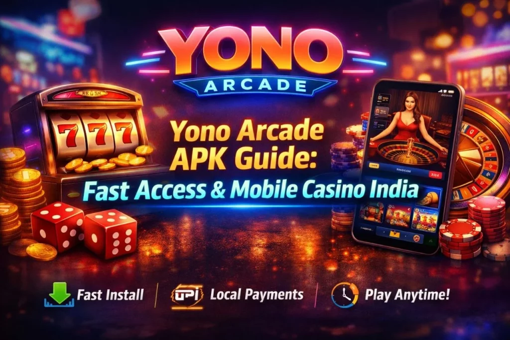 Yono Arcade APK guide banner with slots, mobile casino gameplay, and fast access features for India