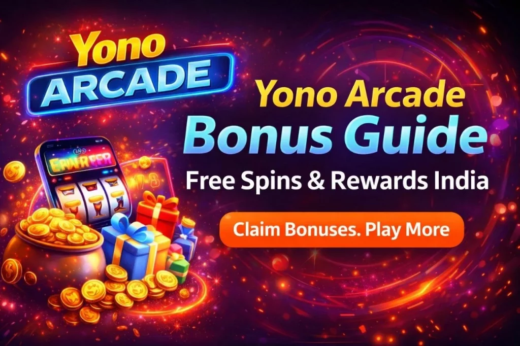 Yono Arcade Bonus Guide banner with free spins, rewards, coins, and slot gameplay for India