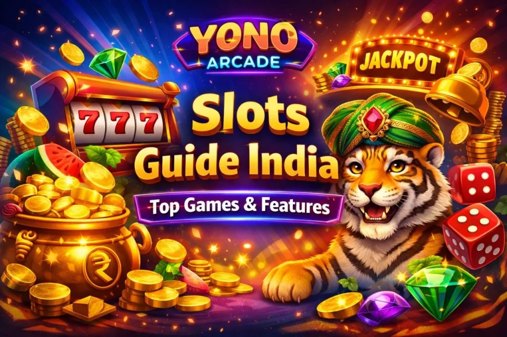 Yono Arcade Slots Guide India banner with slot machine reels coins jackpot sign and colorful casino theme