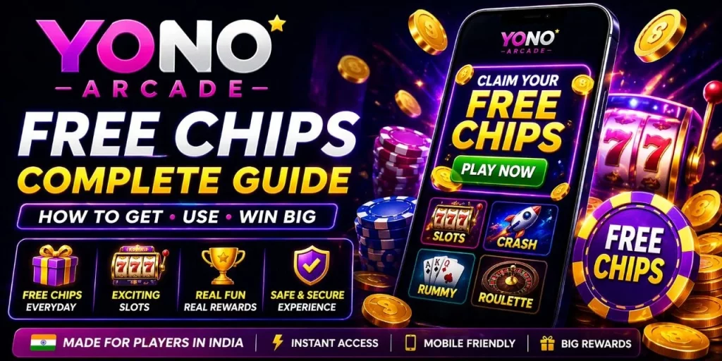 Yono Arcade Free Chips Complete Guide banner with bright casino design, mobile gameplay interface, free chips rewards and colorful slots for Indian players