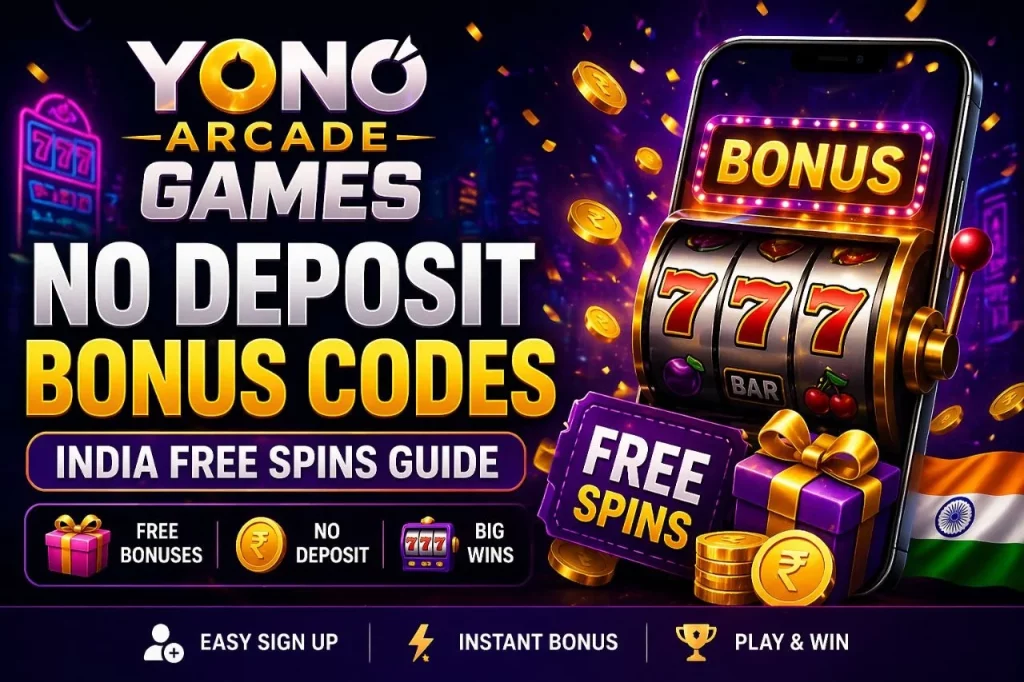 Yono Arcade No Deposit Bonus Codes banner with free spins slot machine mobile casino India theme coins and rewards