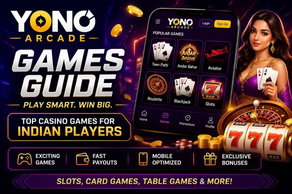 Yono Arcade Games Guide banner with mobile casino interface slots roulette cards and Indian themed design