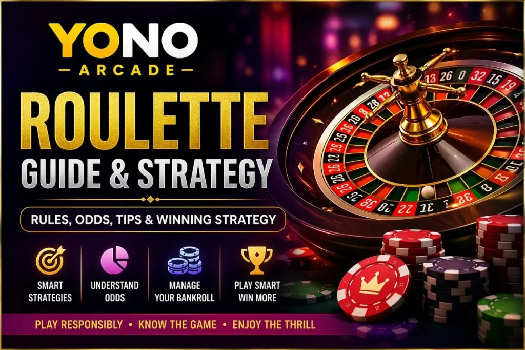 Yono Arcade Roulette Guide banner with golden roulette wheel, casino chips, betting strategy icons, and vibrant premium design for Indian players
