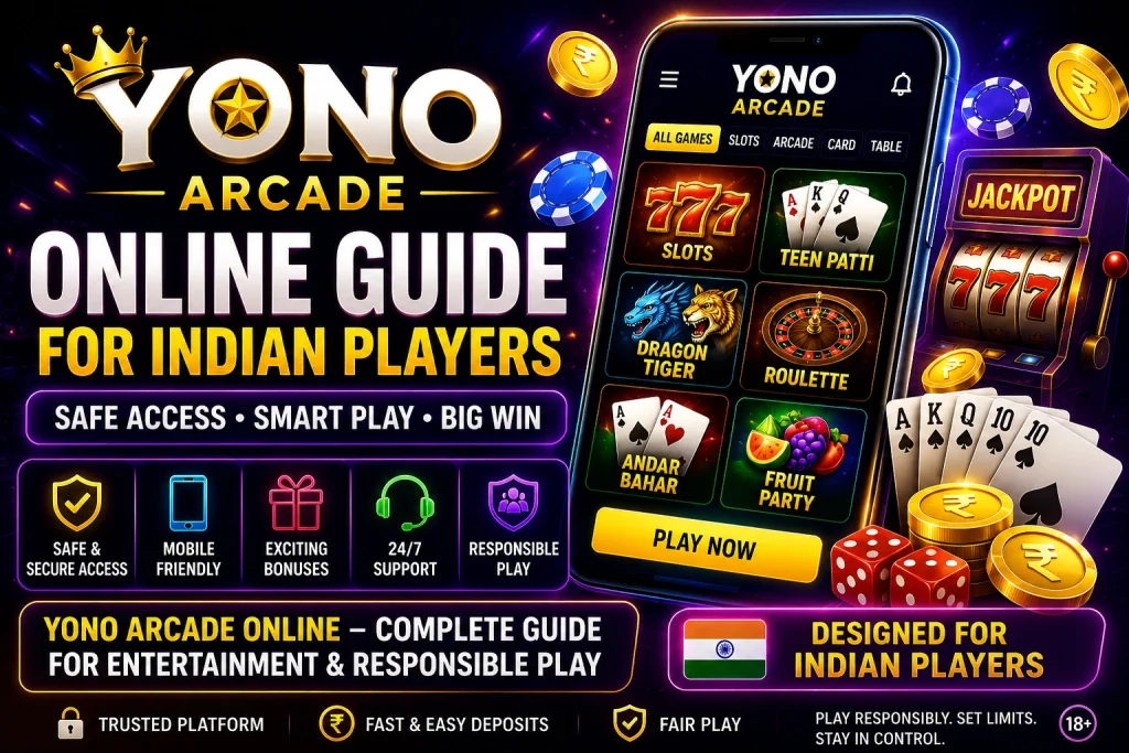 Yono Arcade Online Guide banner for Indian players with neon mobile casino interface, slots, Teen Patti, roulette, Dragon Tiger, rupee coins, secure access icons, and responsible play message.