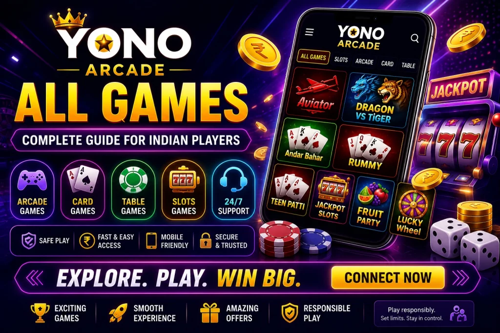 Yono Arcade All Games banner for Indian players with neon mobile casino interface, arcade games, card games, slots, table games, rupee coins, dice, and glowing purple gaming background.