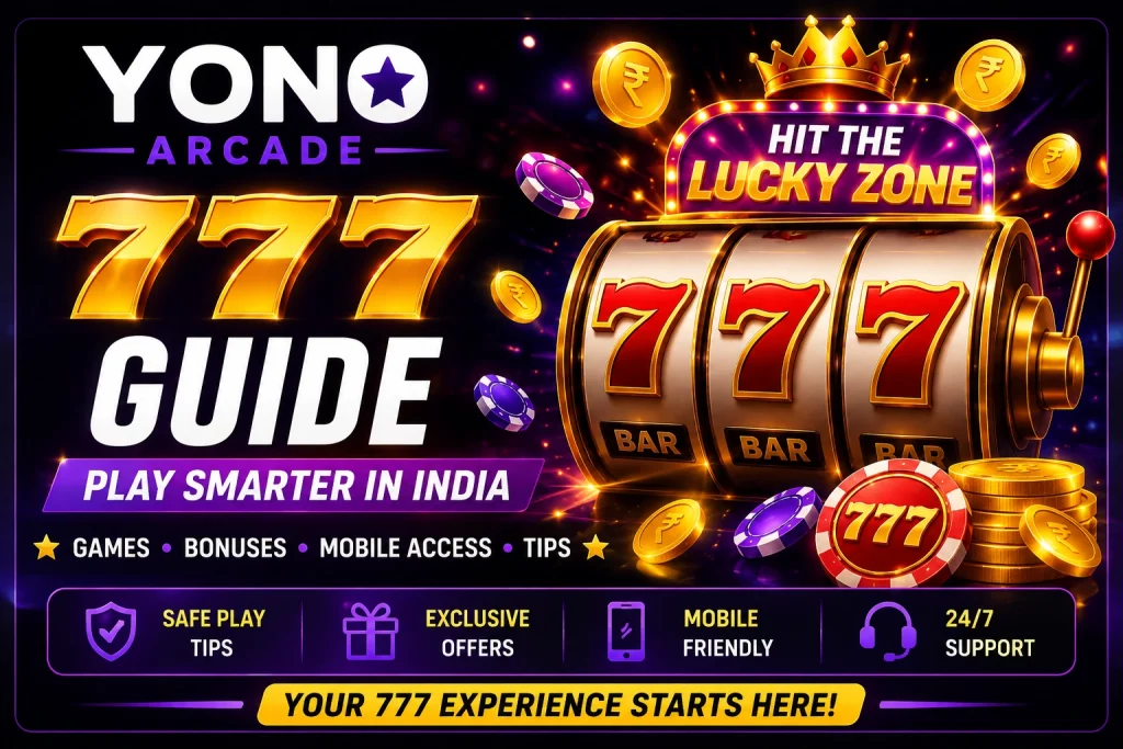 Yono Arcade 777 Guide banner for Indian players with golden 777 slot machine, rupee coins, neon purple casino background, mobile access icons, bonus symbols, safe play tips, and 24/7 support message.