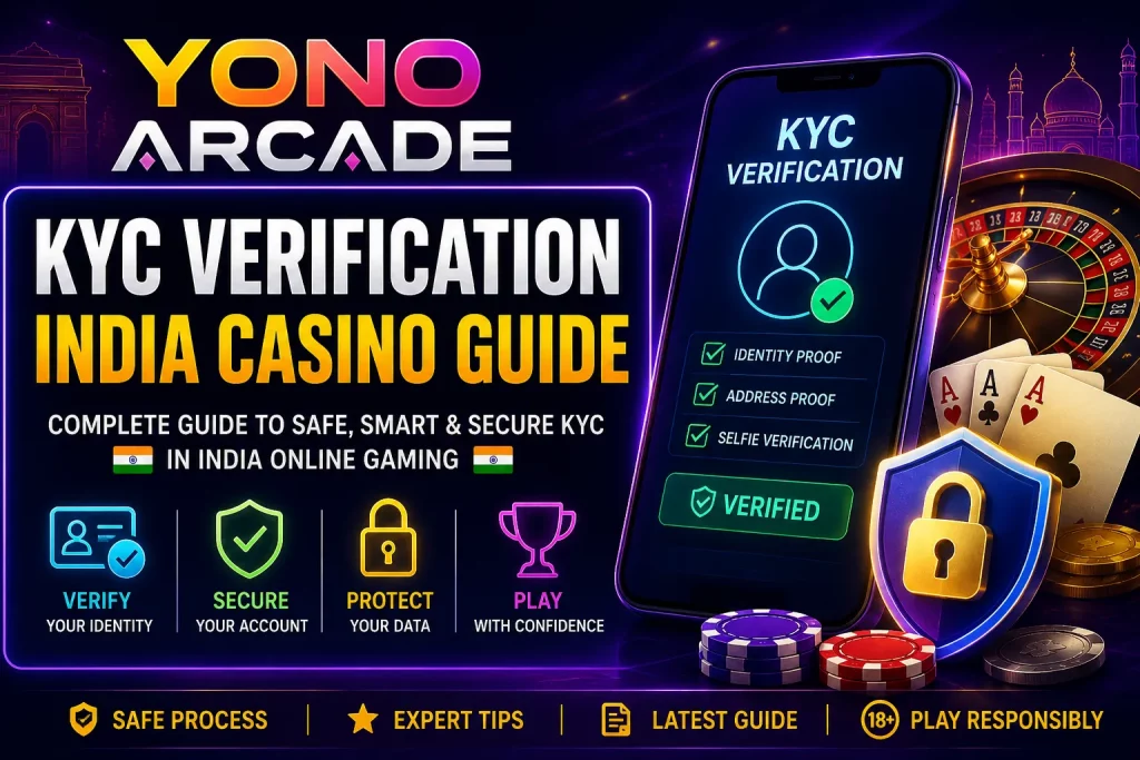 Yono Arcade KYC Verification India Casino Guide banner with smartphone identity check, security shield, casino chips and responsible gaming icons.