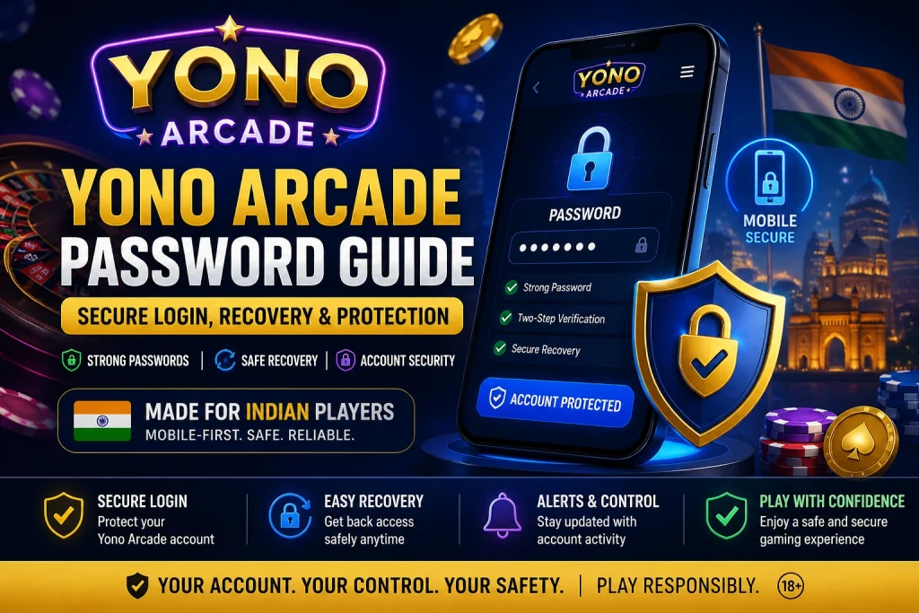 Yono Arcade password guide banner showing secure login recovery steps account protection and mobile safety for Indian users