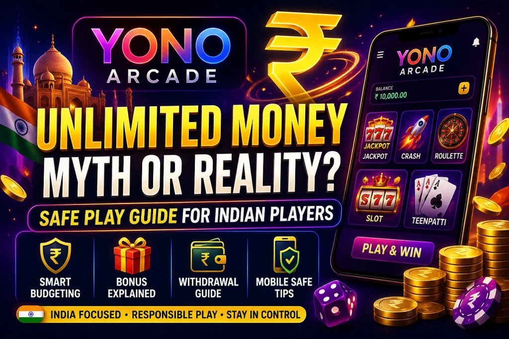 Yono Arcade unlimited money myth banner showing safe play guide budgeting bonus explanation and mobile gaming for Indian players