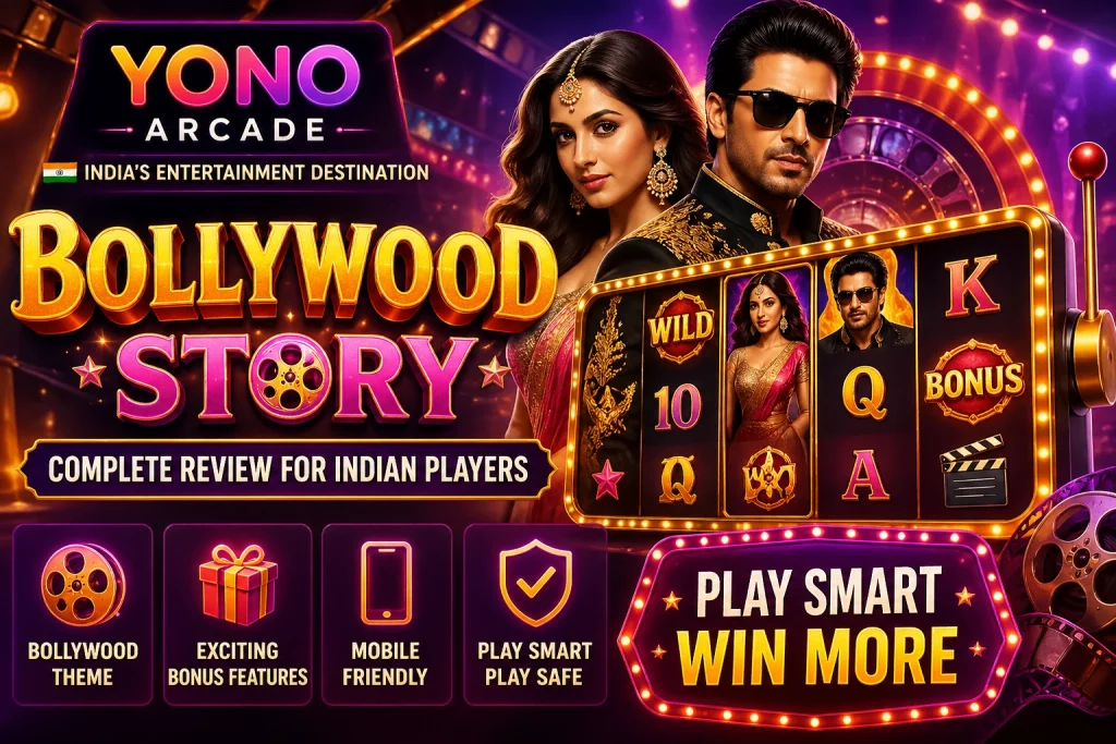 Bollywood Story Yono Arcade casino banner India slot game mobile play review bright Bollywood themed slots interface