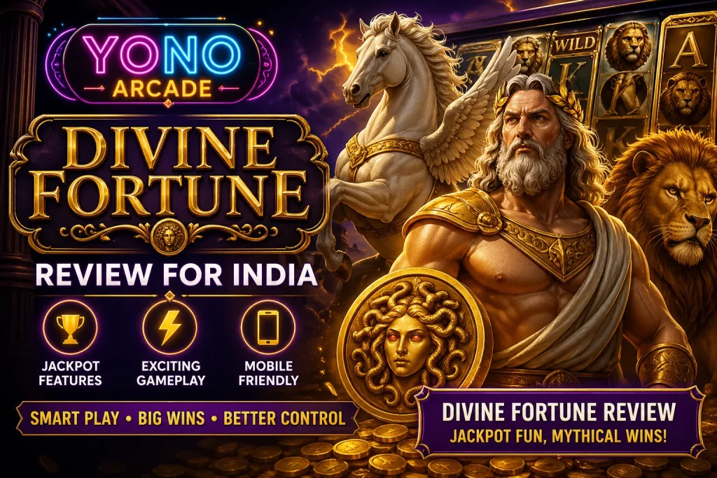 Divine Fortune Yono Arcade banner India slot game review jackpot features Greek mythology theme mobile gameplay smart play big wins