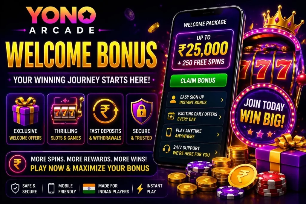Yono Arcade Welcome Bonus banner with neon casino design, ₹25,000 bonus, free spins, mobile gameplay interface and bright slots for Indian players