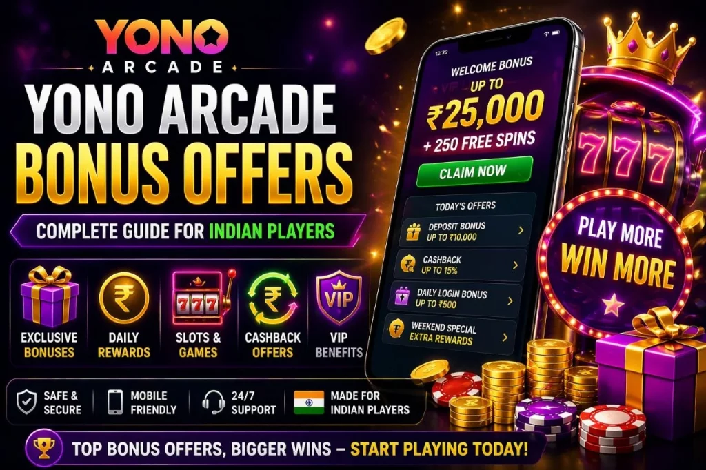 Yono Arcade Bonus Offers banner with bright neon casino design, mobile interface, free spins, cashback rewards, and colorful slots for Indian players