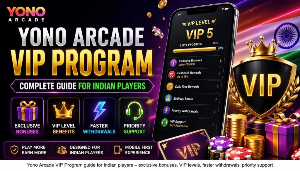 Yono Arcade VIP Program banner with neon casino design, VIP levels, exclusive rewards, mobile interface and premium benefits for Indian players