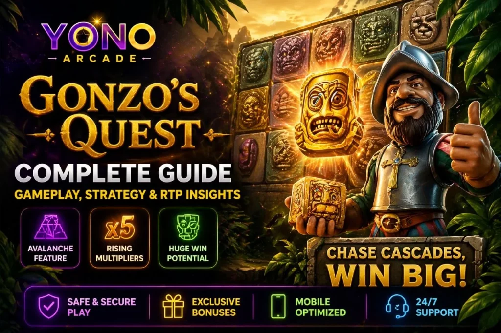 Yono Arcade Gonzo’s Quest banner with jungle theme, golden idol, cascading reels, multipliers, and vibrant slot gameplay design for Indian players
