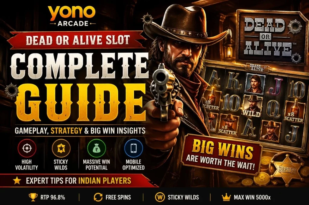 Dead or Alive slot gameplay on Yono Arcade India showcasing high volatility reels, sticky wilds feature, and big win potential with RTP insights for mobile players in India.