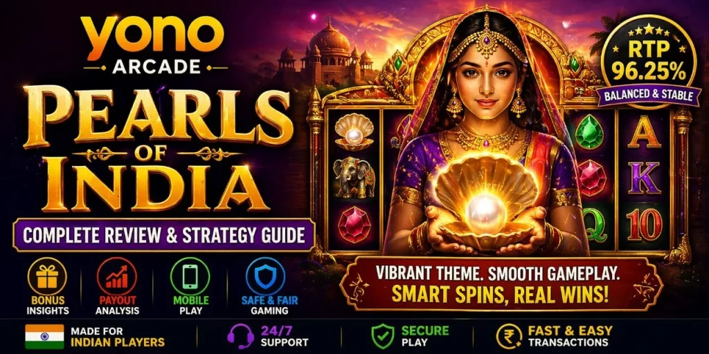 Yono Arcade Pearls of India banner with vibrant Indian theme, glowing pearl, colorful slot reels, RTP 96.25%, and smooth gameplay design for Indian players