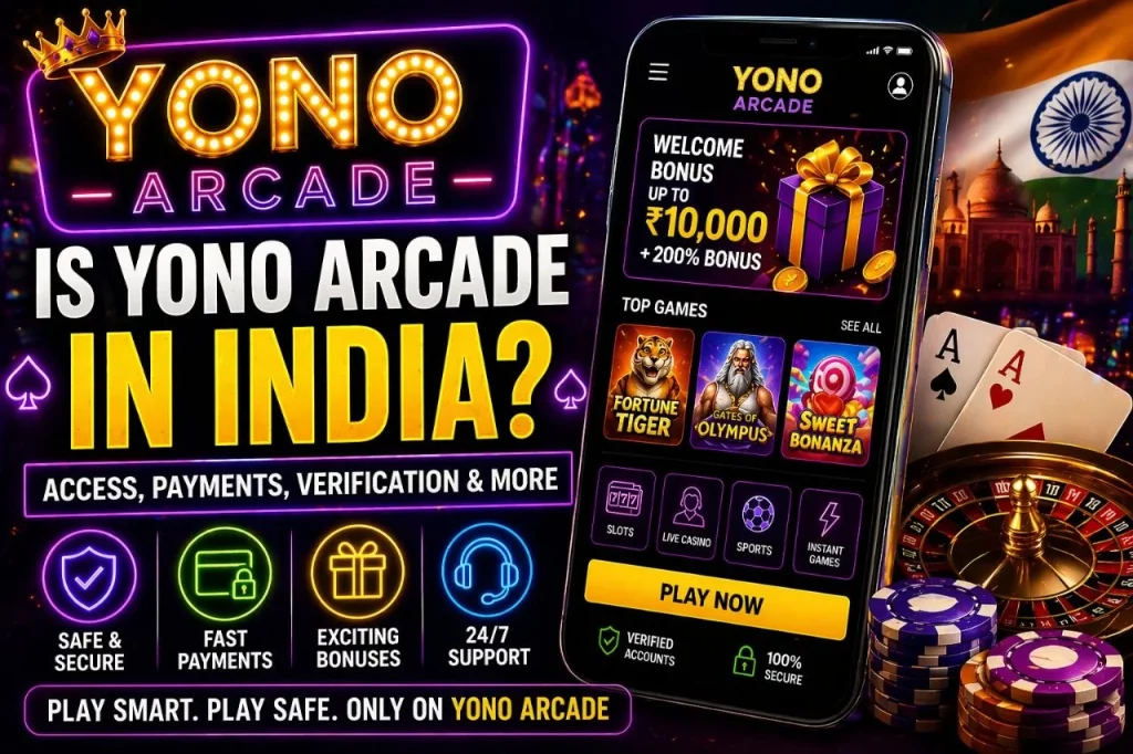Yono Arcade India availability banner showing mobile casino app secure payments verification and gameplay for Indian users