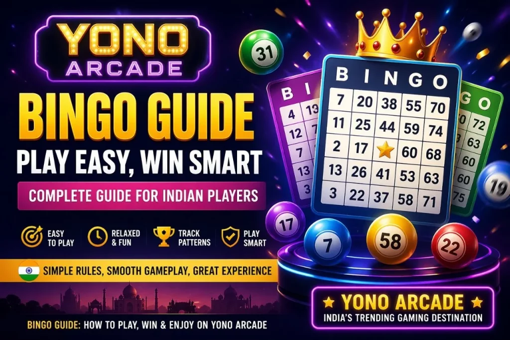 Yono Arcade Bingo guide banner with colorful bingo cards balls and casino theme for Indian players