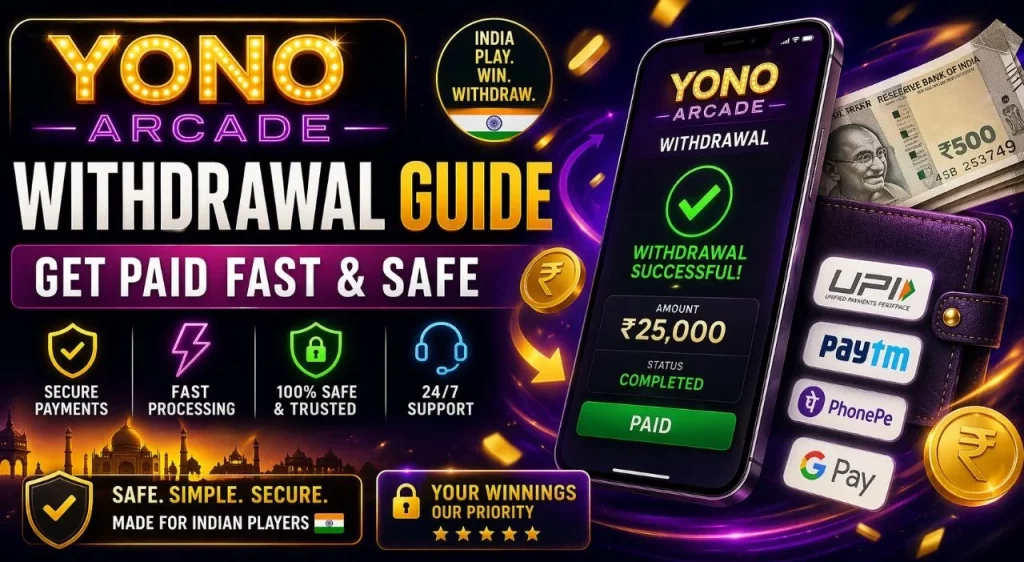 Yono Arcade withdrawal guide banner showing fast secure payout with mobile app rupee payments and Indian players focus