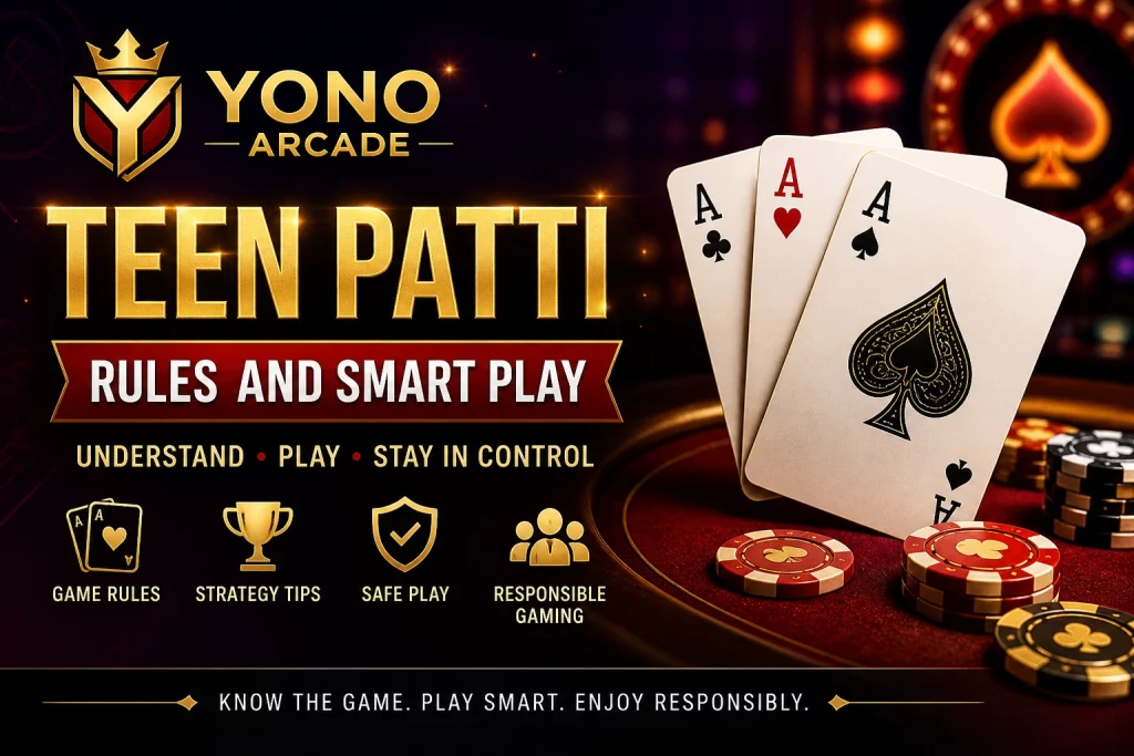 Yono Arcade Teen Patti banner with cards chips and responsible play theme