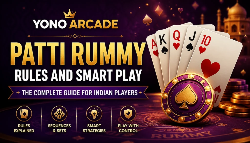 Alt: Yono Arcade Patti Rummy banner with playing cards, chips, Indian-style background, rules, sequences, and smart play theme.